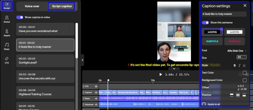 Chosoe the Script Caption for Your Video
