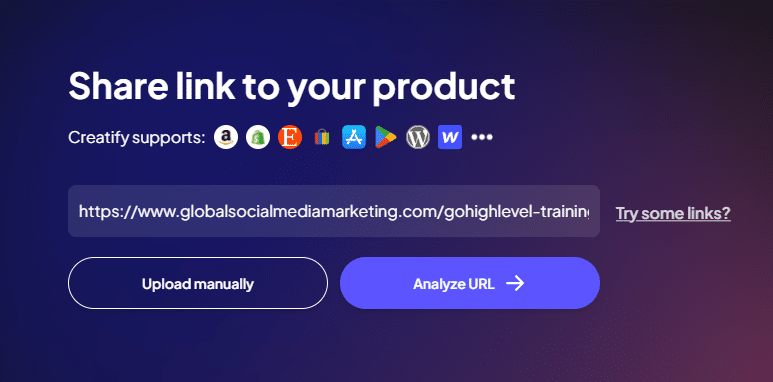 Enter your product URL screenshot