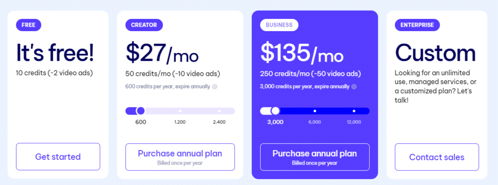 Creatify AI Plans and Pricing Screenshot.