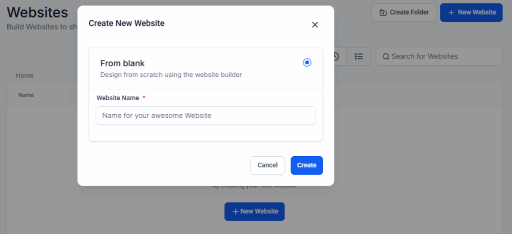 Create new website in GHL Screeshot