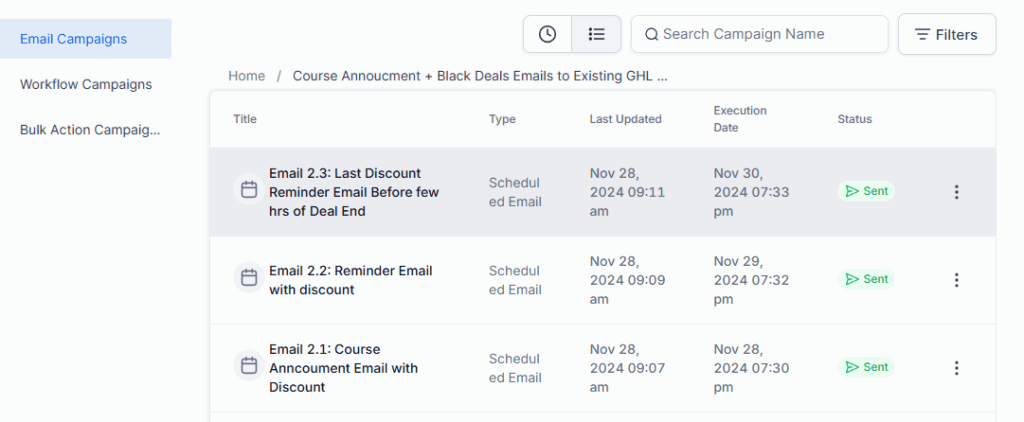 Gohighlevel Email campaigns screenshot